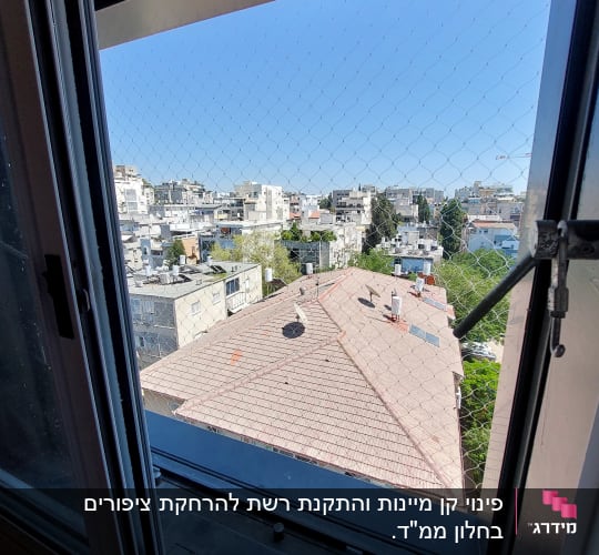 רשת יונים מותקנת על חלון למניעת כניסת יונים
